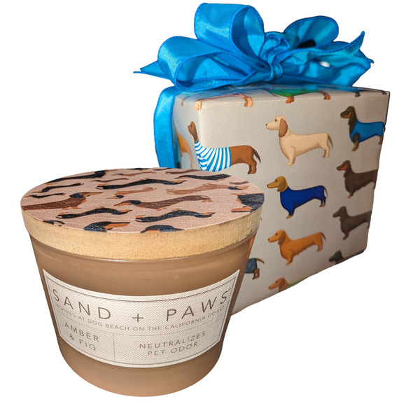 Sand + Paws Dachshund Dog Candle with Wooden Lid - Gift wrapped! - Picture 1 of 5